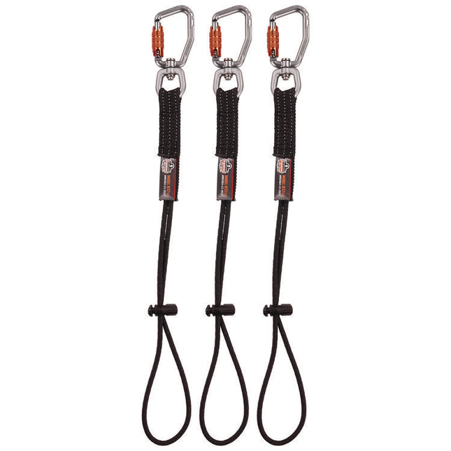 Squids 3714 Elastic Tool Tail Lanyard w/Carabiner and Cinch Loop, 10 lb Max Working Capacity, 15" Long, Black, 3/Pack