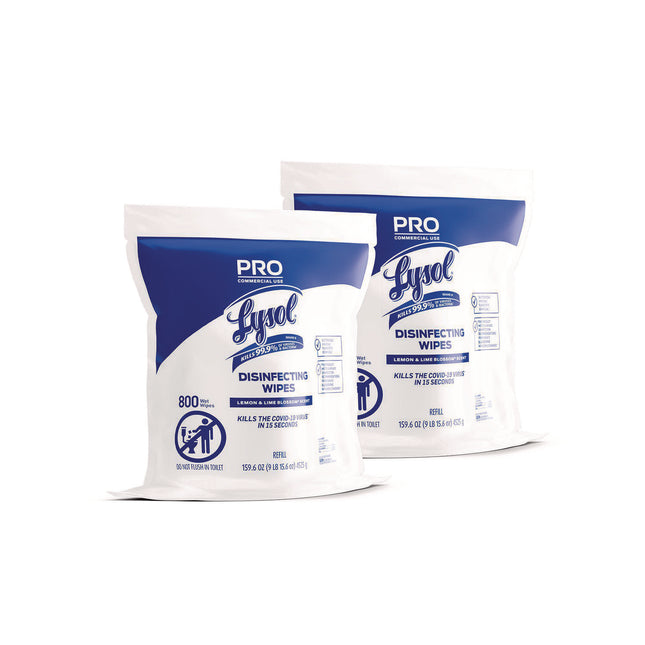 Professional Disinfecting Wipe Bucket Refill, 1-Ply, 6 x 8, Lemon and Lime Blossom, White, 800 Wipes/Bag, 2 Refill Bags/CT