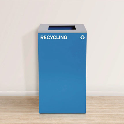 29 Gallon Trash/Recycling Cans, Steel, Blue Recycling Can with Square Lid, Black Trash Can with Square Lid