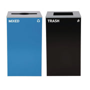 29 Gallon Trash/Recycling Cans, Steel, Blue Mixed Recycling with Mixed Lid, Black Trash Can with Square Lid