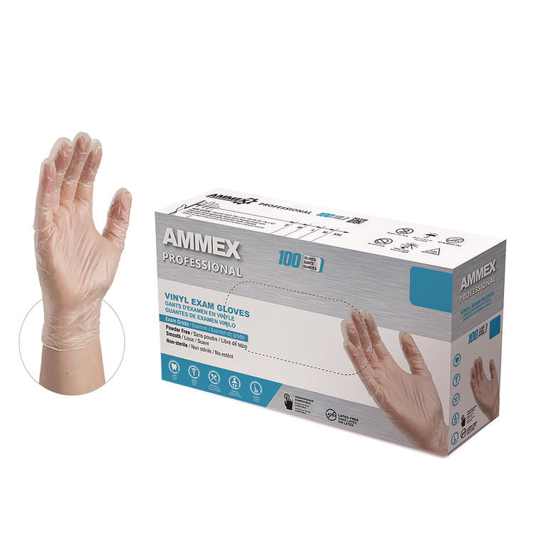 Vinyl Exam Gloves, Powder-Free, X-Large, Clear, 100/Box