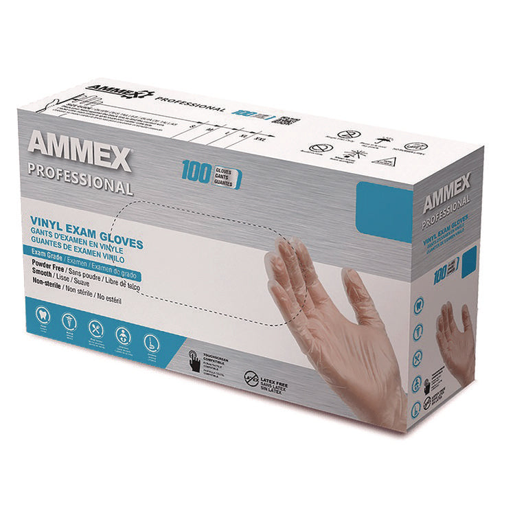 Vinyl Exam Gloves, Powder-Free, X-Large, Clear, 100/Box