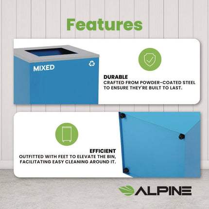29 Gallon Trash/Recycling Cans, Steel, Blue Mixed Recycling Can with Square Lid