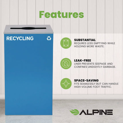 29 Gallon Trash/Recycling Cans, Steel, Blue Recycling Can with Mixed Lid