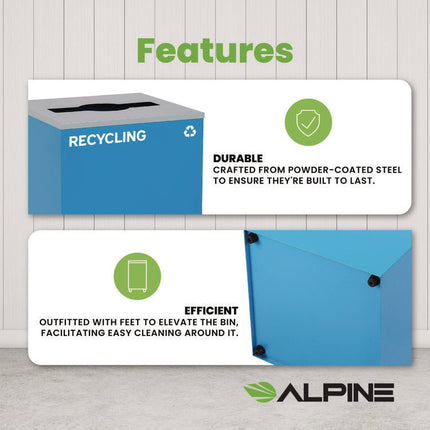 29 Gallon Trash/Recycling Cans, Steel, Blue Recycling Can with Mixed Lid