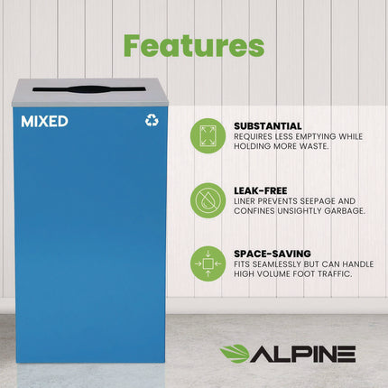 29 Gallon Trash/Recycling Cans, Steel, Blue Mixed Recycling Can with Mixed Lid