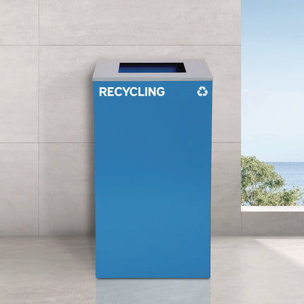 29 Gallon Trash/Recycling Cans, Steel, Blue Recycling Can and Black Trash Can w/Square Lids, Green Compost Can with Mixed Lid