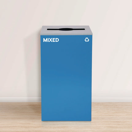 29 Gallon Trash/Recycling Cans, Steel, Blue Mixed Recycling and Green Compost Cans w/Mixed Lids, Black Trash Can w/Square Lid