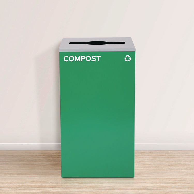 29 Gallon Trash/Recycling Cans, Steel, Blue Mixed Recycling w/Circle Lid, Green Compost w/Mixed Lid, Black Trash w/Square Lid