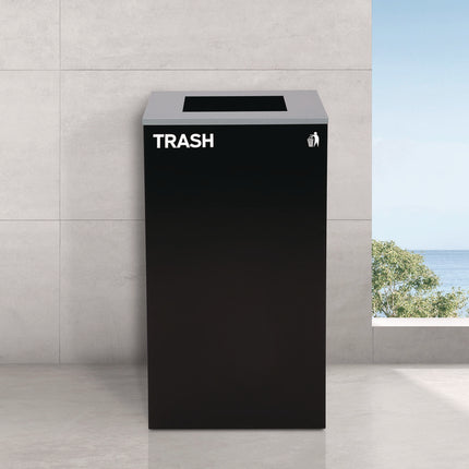 29 Gallon Trash/Recycling Cans, Steel, Blue Mixed Recycling w/Circle Lid, Green Compost w/Mixed Lid, Black Trash w/Square Lid