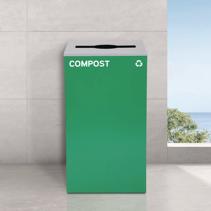 29 Gallon Trash/Recycling Cans, Steel, Blue Mixed Recycling w/Circle Lid, Green Compost w/Mixed Lid, Black Trash w/Square Lid