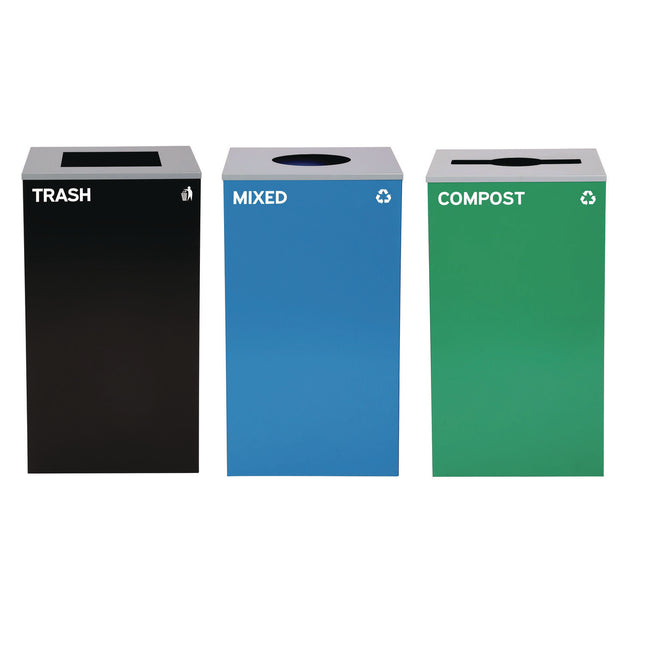 29 Gallon Trash/Recycling Cans, Steel, Blue Mixed Recycling w/Circle Lid, Green Compost w/Mixed Lid, Black Trash w/Square Lid