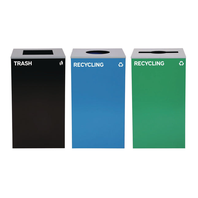 29 Gallon Trash/Recycling Cans, Steel, Blue Recycling Can w/Circle Lid, Green Recycling w/Mixed Lid, Black Trash w/Square Lid