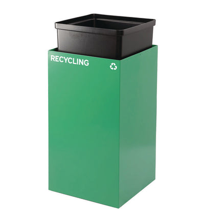29 Gallon Trash/Recycling Cans, Steel, Blue Mixed Recycling w/Circle Lid, Green Recycling w/Mixed Lid, Black Trash w/Sq Lid