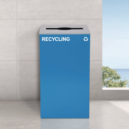 29 Gallon Trash/Recycling Cans, Steel, Blue Recycling and Green Mixed Recycling Can w/Mixed Lids, Black Trash Can w/Sq Lid