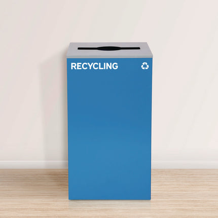 29 Gallon Trash/Recycling Cans, Steel, Blue Recycling and Green Mixed Recycling Can w/Mixed Lids, Black Trash Can w/Sq Lid
