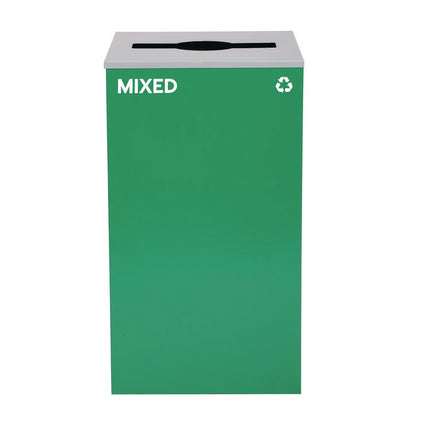 29 Gallon Trash/Recycling Cans, Steel, Blue Recycling and Green Mixed Recycling Can w/Mixed Lids, Black Trash Can w/Sq Lid