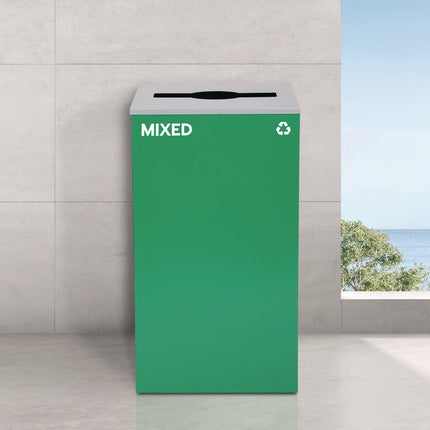 29 Gallon Trash/Recycling Cans, Steel, Blue Recycling and Green Mixed Recycling Can w/Mixed Lids, Black Trash Can w/Sq Lid