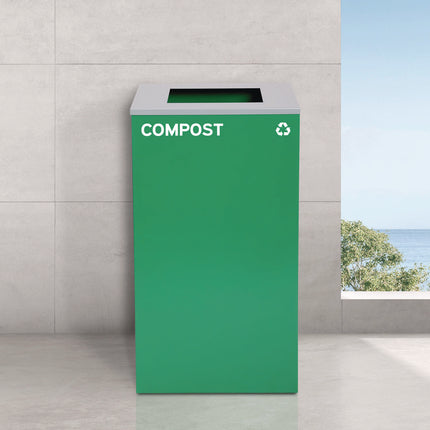 29 Gallon Trash/Recycling Cans, Steel, Blue Mixed Recycling Can w/Circle Lid, Green Compost and Black Trash Cans w/Sq Lids
