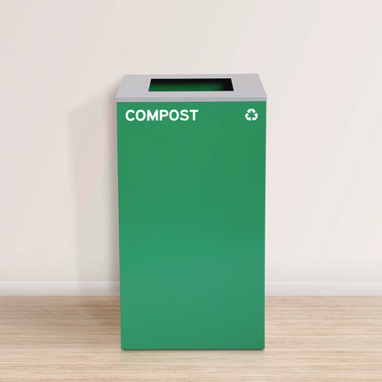 29 Gallon Trash/Recycling Cans, Steel, Blue Mixed Recycling Can w/Circle Lid, Green Compost and Black Trash Cans w/Sq Lids