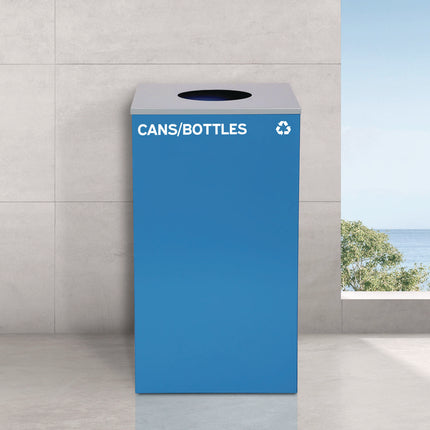 29 Gallon Trash/Recycling Cans, Steel, Blue Cans/Bottles with Circle Lid, Green Compost and Black Trash Cans with Square Lids