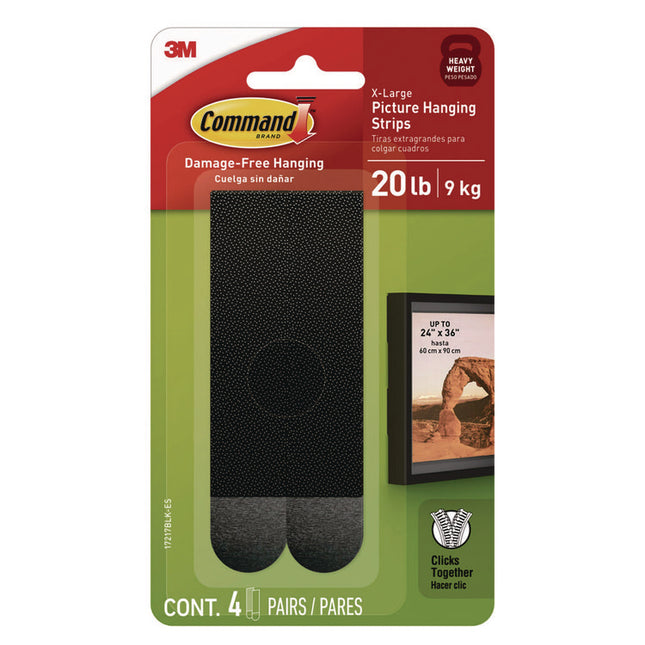 Picture Hanging Strips, X-Large, Removable, Holds up to 20 lbs per 4 Strips, Black, 4 Strip Pairs