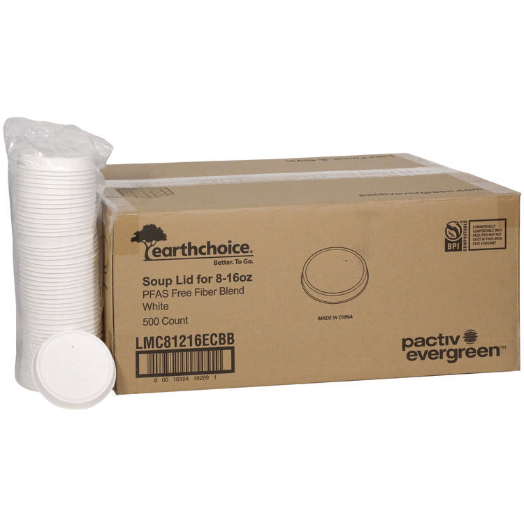 EarthChoice PFAS-Free Compostable Soup Cup Lid, For 8 oz to 16 oz Soup Cups, 4" Diameter, White, Sugarcane, 500/Carton