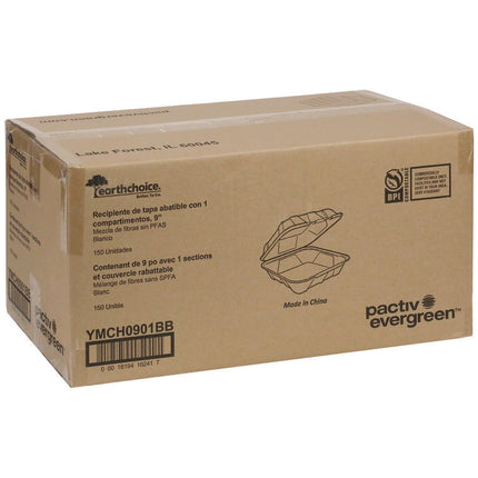 EarthChoice PFAS Free Compostable Hinged Lid Container, 9 x 9 x 3, White, Sugarcane, 150/Carton