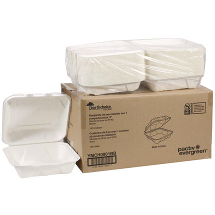 EarthChoice PFAS Free Compostable Hinged Lid Container, 9 x 9 x 3, White, Sugarcane, 150/Carton