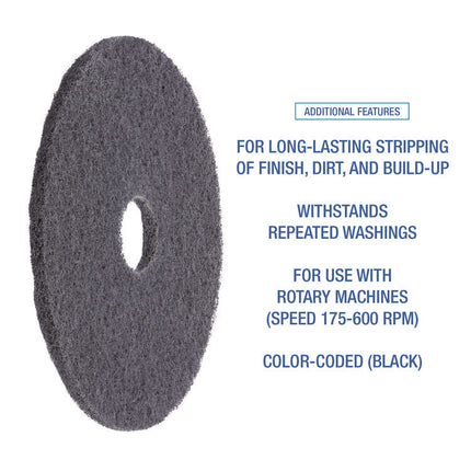 High Performance Stripping Floor Pads, 19" Diameter, Black, 5/carton