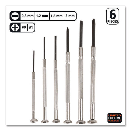 Precision Screwdriver Set, Six-Piece, Phillips/Slotted, Assorted Lengths, Polished Steel Handles