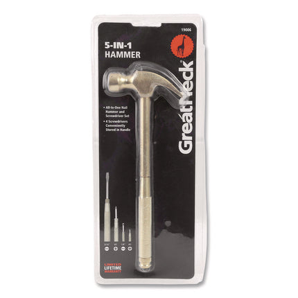 5-in-1 Carpenter's Hammer with Nesting Handle Containing Four Screwdrivers, 6.5" Long Gold Handle