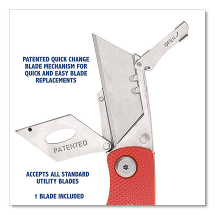 Quick Change Lock Back Utility Knife, 1.25" Blade, 3.5" Aluminum Handle, Red