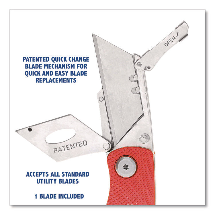 Quick Change Lock Back Utility Knife, 1.25" Blade, 3.5" Aluminum Handle, Red