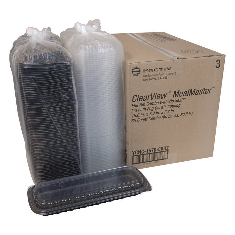 MealMaster Rib Container Base/Lid, 16.6 x 7.3 x 2.3, Black/Clear, Plastic, 80/Carton