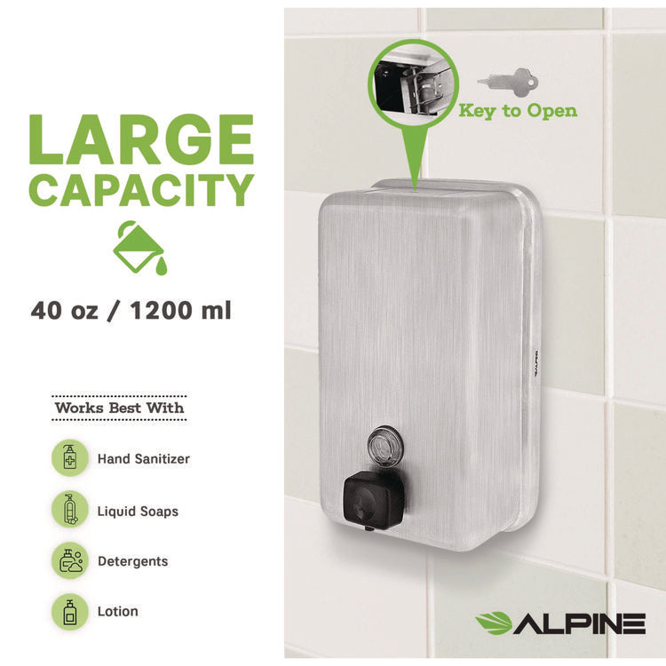Vertical Manual Surface-Mounted Stainless Steel Liquid Soap Dispenser, 40 oz, 2.8 x 4.8 x 8.1, Brushed Stainless Steel