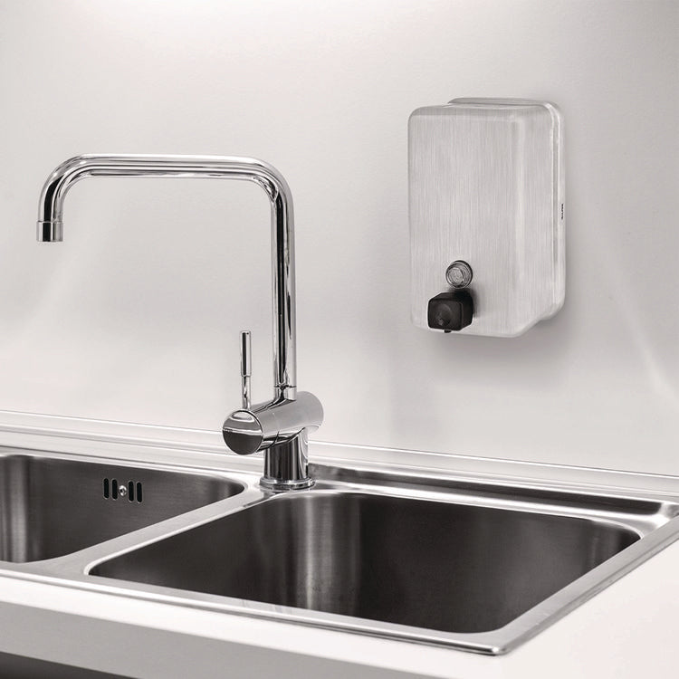 Vertical Manual Surface-Mounted Stainless Steel Liquid Soap Dispenser, 40 oz, 2.8 x 4.8 x 8.1, Brushed Stainless Steel