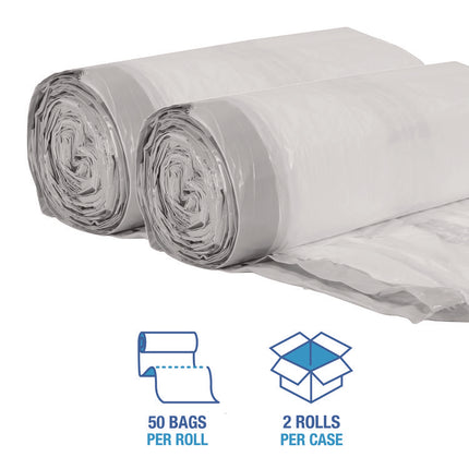 Drawstring Kitchen Bags, Drawstring, 13 gal, 24" x 28", White, 50 Bags/Roll, 2 Rolls/Carton