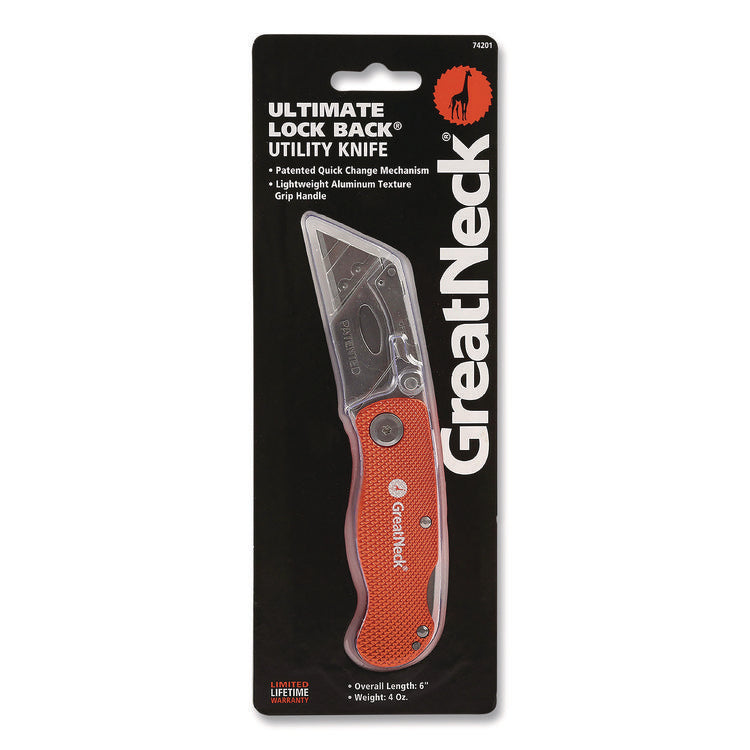Quick Change Lock Back Utility Knife, 3.5" Aluminum Handle, Orange