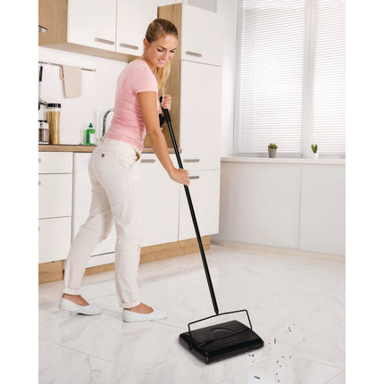 Manual Triple Brush Carpet and Floor Sweeper, 42.5" Handle, Black