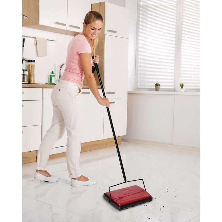 Manual Triple Brush Carpet and Floor Sweeper, 42.5" Handle, Red