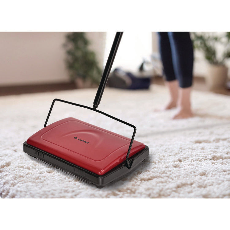 Manual Triple Brush Carpet and Floor Sweeper, 42.5" Handle, Red