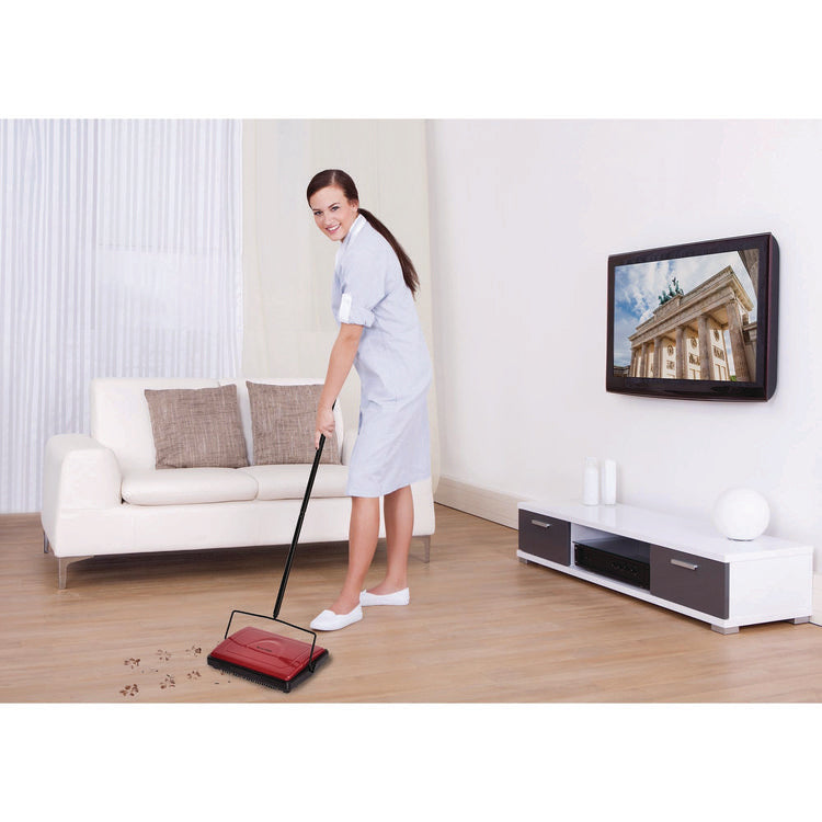 Manual Triple Brush Carpet and Floor Sweeper, 42.5" Handle, Red
