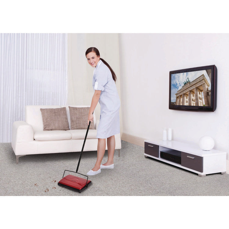 Manual Triple Brush Carpet and Floor Sweeper, 42.5" Handle, Red