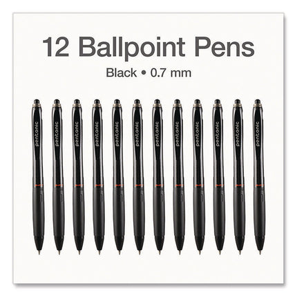 PENTONIC Ballpoint Pen, Retractable, Fine 0.7 mm, Black Ink, Black Barrel, 12/Pack