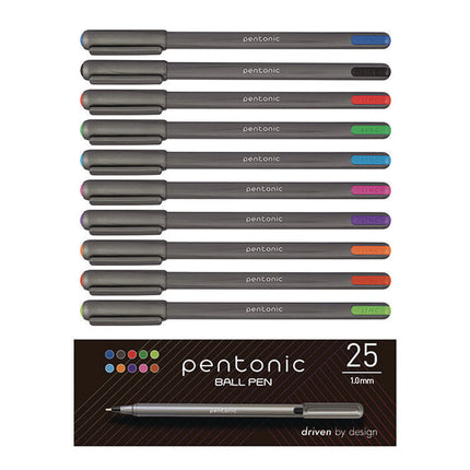 PENTONIC Ballpoint Pen, Stick, Medium 1 mm, Assorted Ink Colors, Charcoal Gray Barrel, 25/Pack