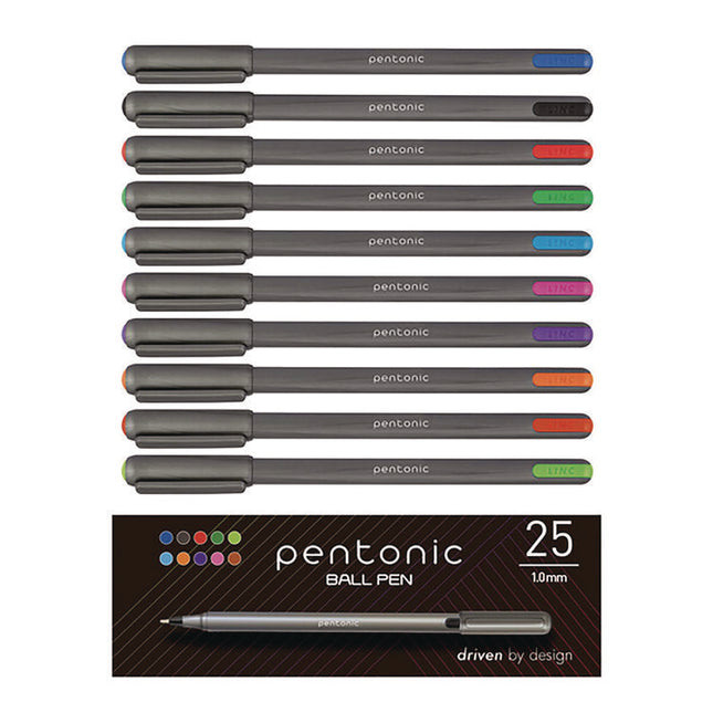 PENTONIC Ballpoint Pen, Stick, Medium 1 mm, Assorted Ink Colors, Charcoal Gray Barrel, 25/Pack