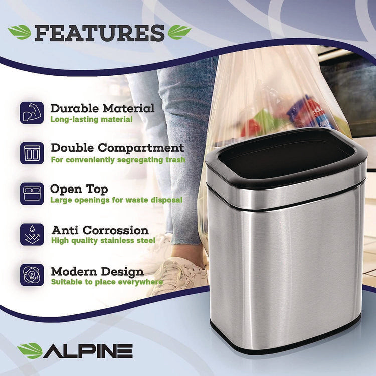 Stainless Steel Rectangular Liner Open Top Trash Can, 2.6 gal, Brushed Stainless Steel