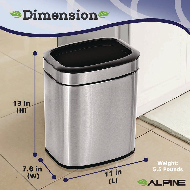 Stainless Steel Rectangular Liner Open Top Trash Can, 2.6 gal, Brushed Stainless Steel
