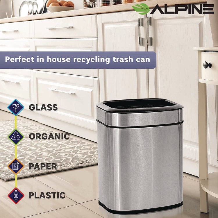 Stainless Steel Rectangular Liner Open Top Trash Can, 2.6 gal, Brushed Stainless Steel